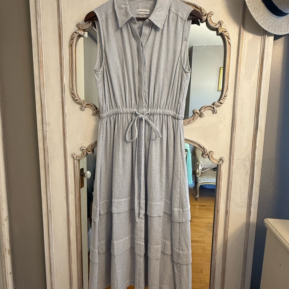 Calvin Klein Blue & White Striped Midi Dress Heavy Fabric Size US 8 Never Worn!